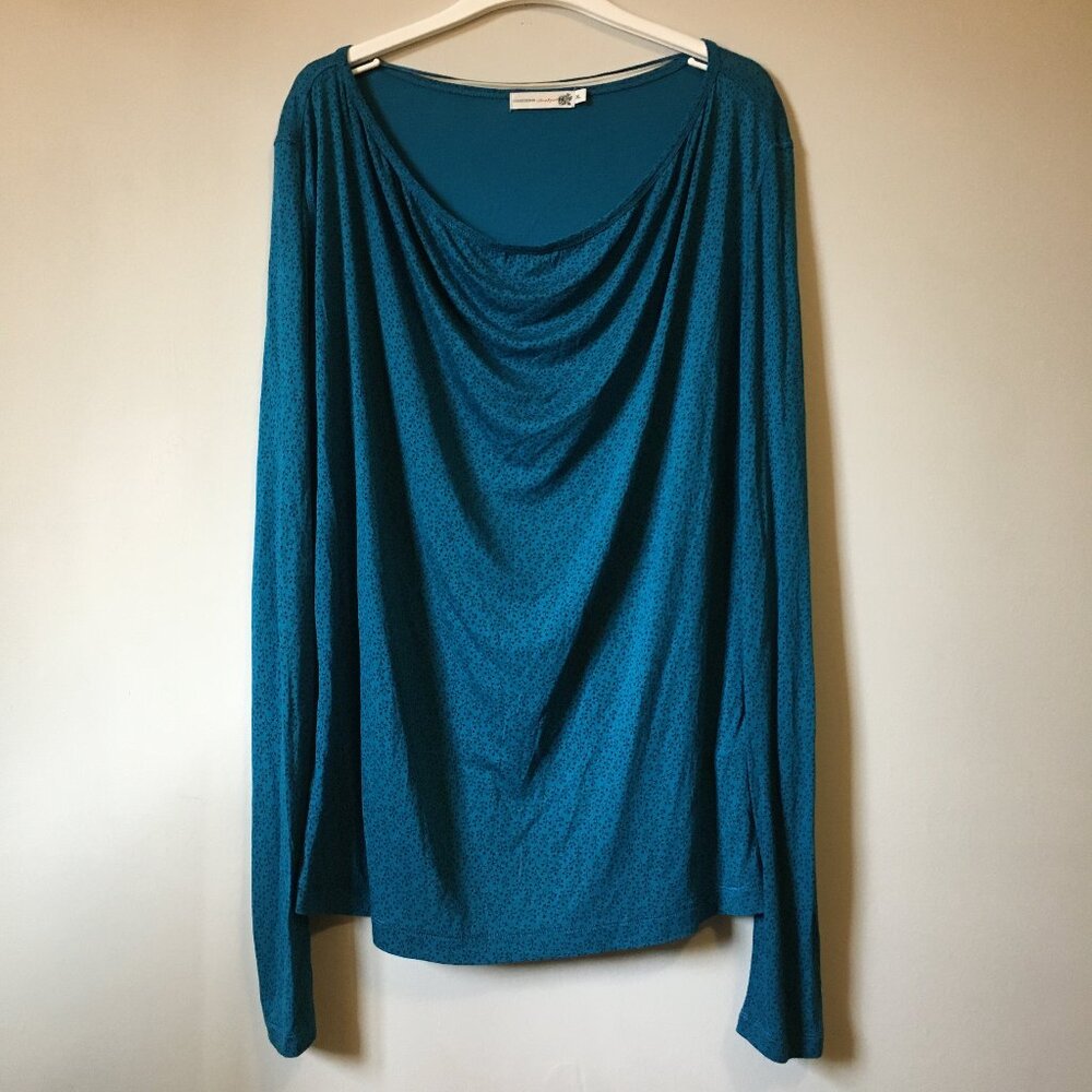Jackpot Peacock Blue Bamboo Ditsy Floral Cowl Neck Shirt XL